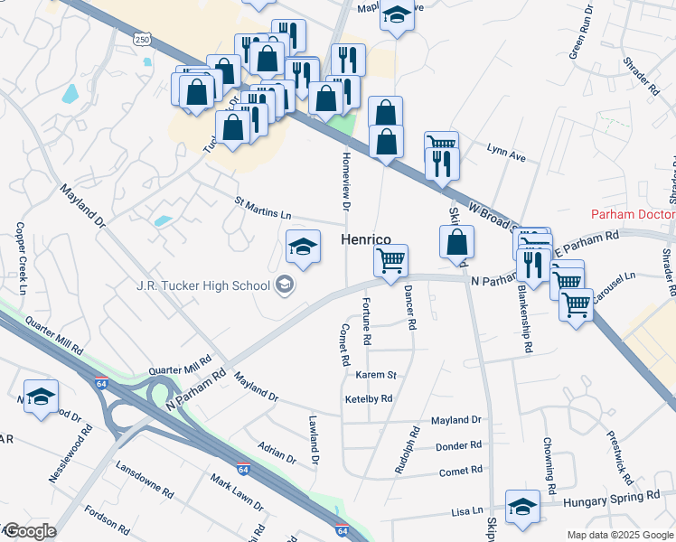 map of restaurants, bars, coffee shops, grocery stores, and more near 2302 Homeview Drive in Henrico