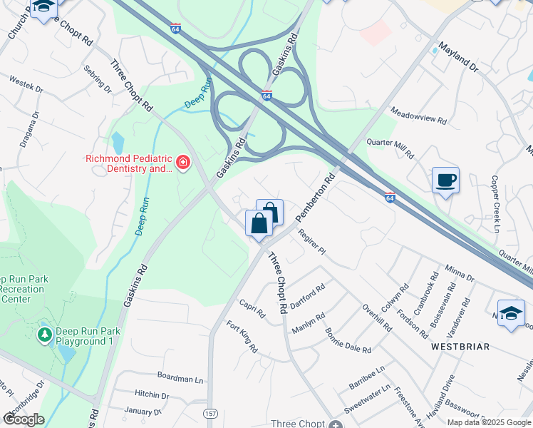 map of restaurants, bars, coffee shops, grocery stores, and more near 10009 Bellona Court in Richmond
