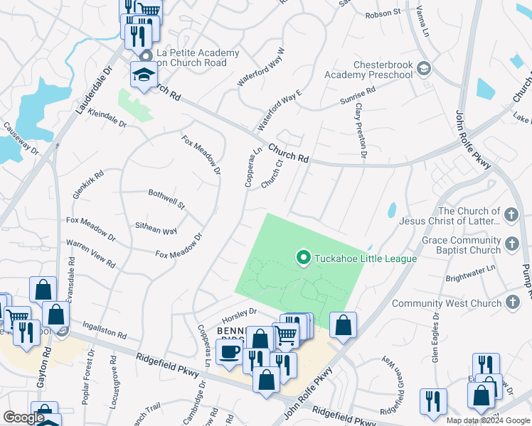 map of restaurants, bars, coffee shops, grocery stores, and more near 2801 Ashley Glen Drive in Richmond
