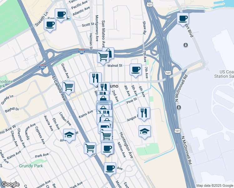 map of restaurants, bars, coffee shops, grocery stores, and more near 711 3rd Avenue in San Bruno