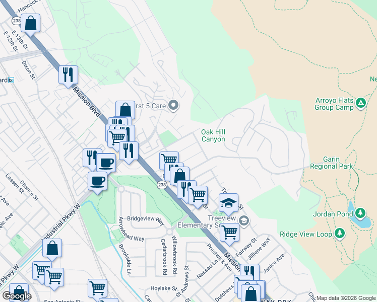 map of restaurants, bars, coffee shops, grocery stores, and more near 659 Gisler Way in Hayward