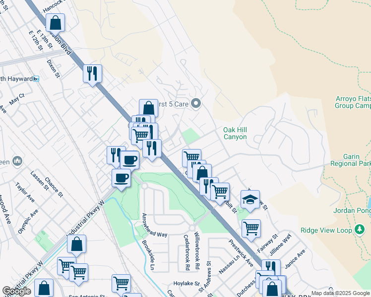 map of restaurants, bars, coffee shops, grocery stores, and more near 29845 Vanderbilt Street in Hayward