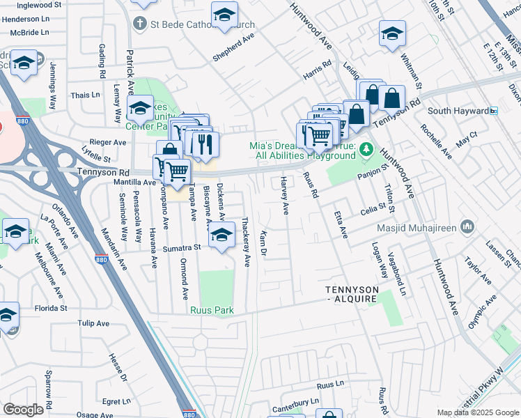 map of restaurants, bars, coffee shops, grocery stores, and more near 1167 Lovelock Way in Hayward