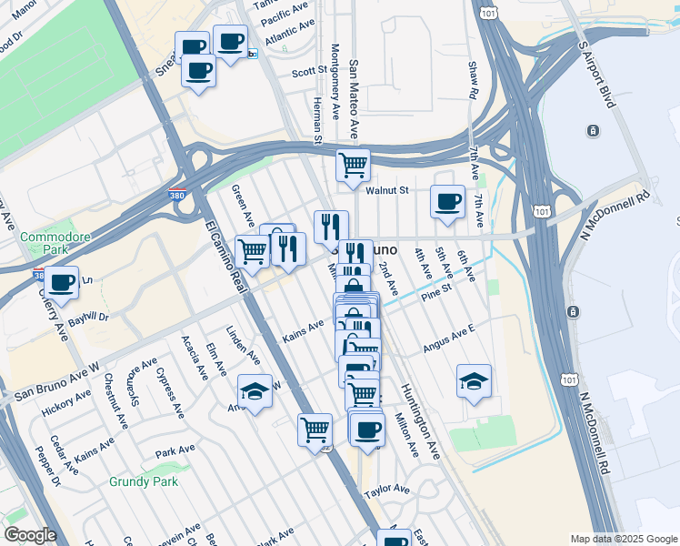 map of restaurants, bars, coffee shops, grocery stores, and more near in San Bruno