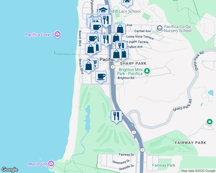 map of restaurants, bars, coffee shops, grocery stores, and more near 2584 Francisco Boulevard in Pacifica