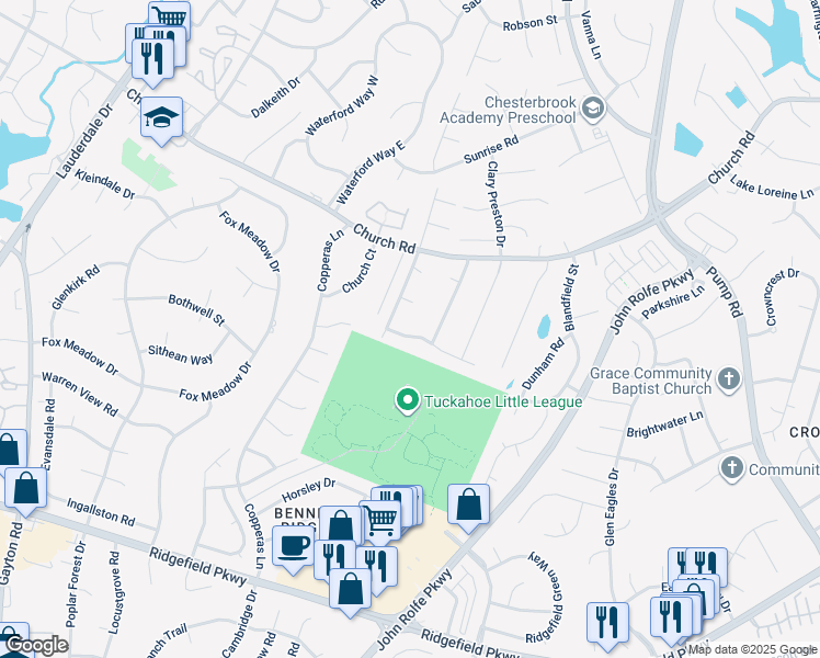 map of restaurants, bars, coffee shops, grocery stores, and more near 12100 Bowerton Road in Richmond