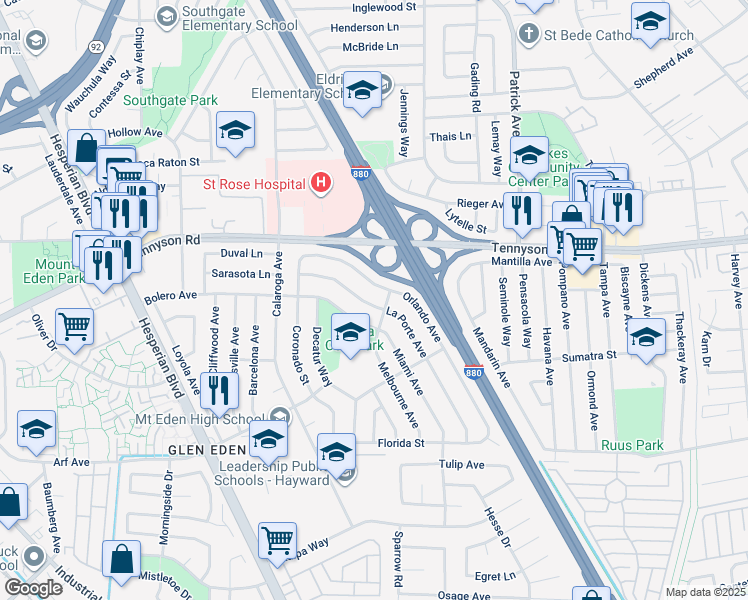 map of restaurants, bars, coffee shops, grocery stores, and more near 27584 La Porte Avenue in Hayward