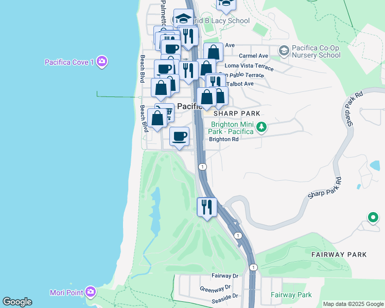 map of restaurants, bars, coffee shops, grocery stores, and more near 2530 Francisco Boulevard in Pacifica
