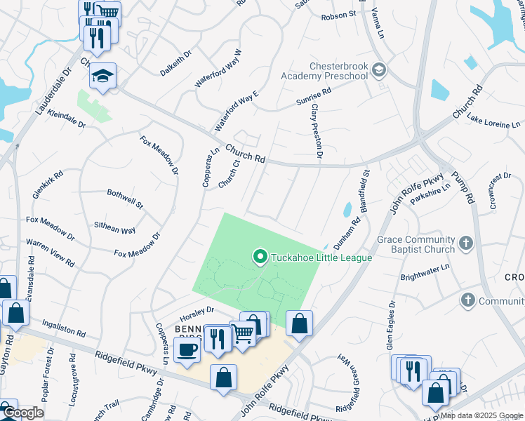 map of restaurants, bars, coffee shops, grocery stores, and more near 12100 Bowerton Road in Richmond