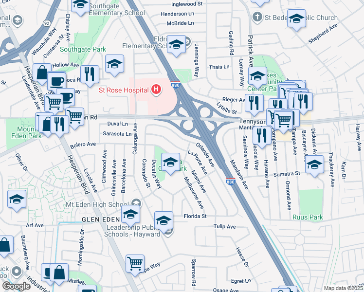map of restaurants, bars, coffee shops, grocery stores, and more near 27584 La Porte Avenue in Hayward