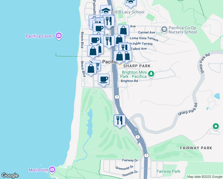 map of restaurants, bars, coffee shops, grocery stores, and more near 2530 Francisco Boulevard in Pacifica