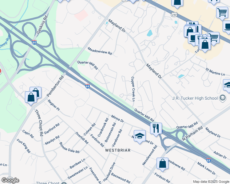 map of restaurants, bars, coffee shops, grocery stores, and more near 2807 Queensland Drive in Richmond