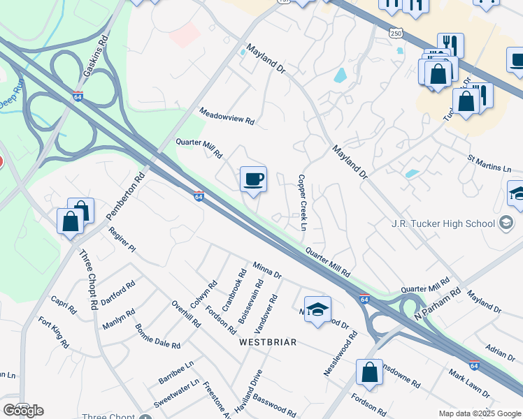 map of restaurants, bars, coffee shops, grocery stores, and more near 2807 Queensland Drive in Richmond