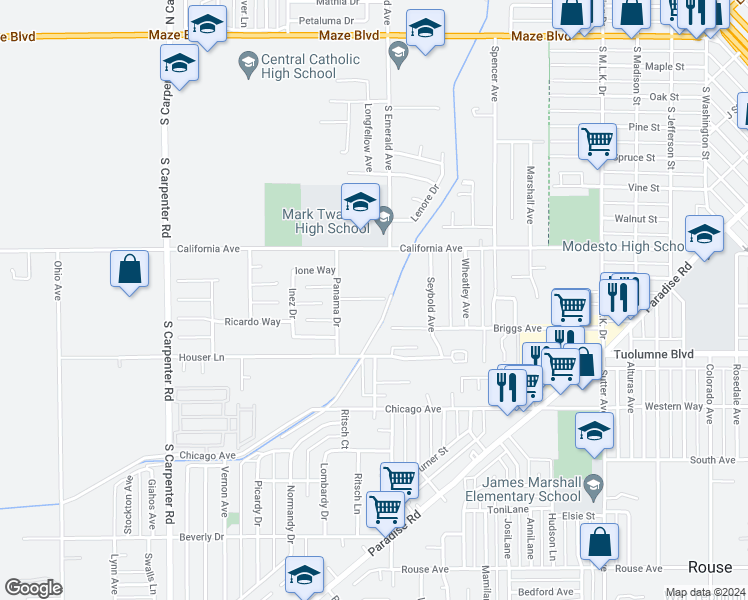 map of restaurants, bars, coffee shops, grocery stores, and more near 1004 Florence Avenue in Modesto
