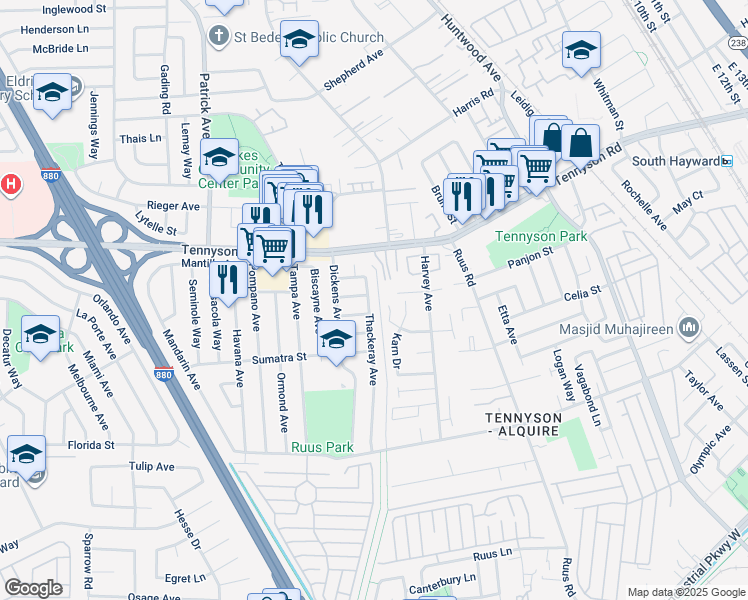 map of restaurants, bars, coffee shops, grocery stores, and more near 27906 Thackeray Avenue in Hayward