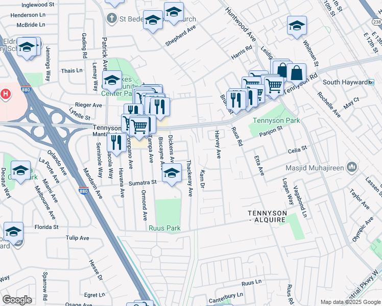 map of restaurants, bars, coffee shops, grocery stores, and more near 27906 Thackeray Avenue in Hayward