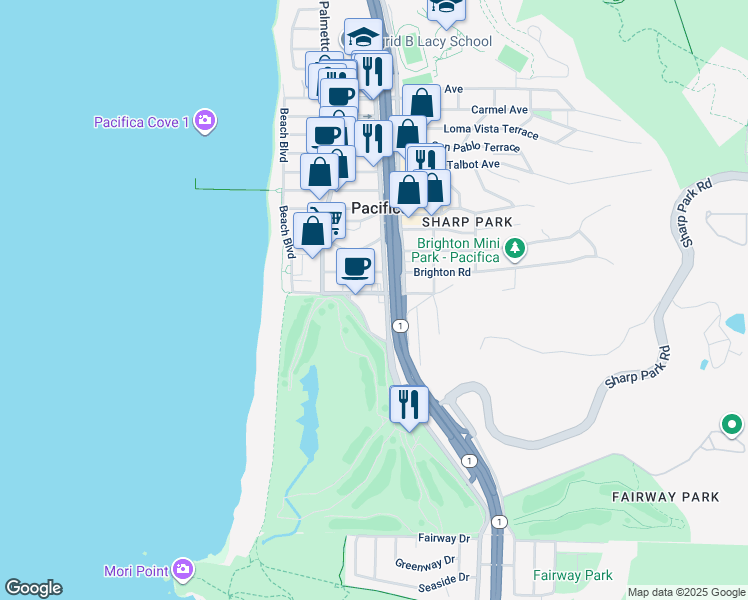 map of restaurants, bars, coffee shops, grocery stores, and more near 2584 Francisco Boulevard in Pacifica