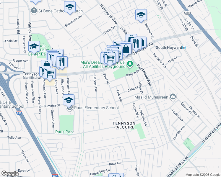 map of restaurants, bars, coffee shops, grocery stores, and more near Ruus Road & Eastwood Way in Hayward