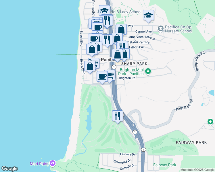 map of restaurants, bars, coffee shops, grocery stores, and more near 160 Clarendon Road in Pacifica