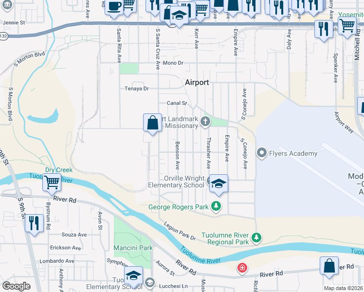 map of restaurants, bars, coffee shops, grocery stores, and more near 632 Benson Avenue in Modesto