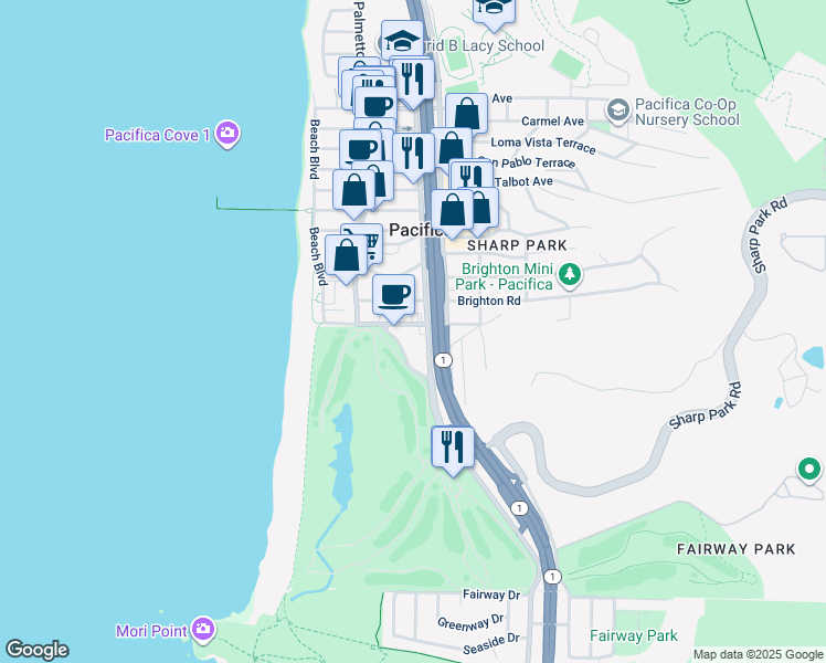 map of restaurants, bars, coffee shops, grocery stores, and more near 160 Clarendon Road in Pacifica