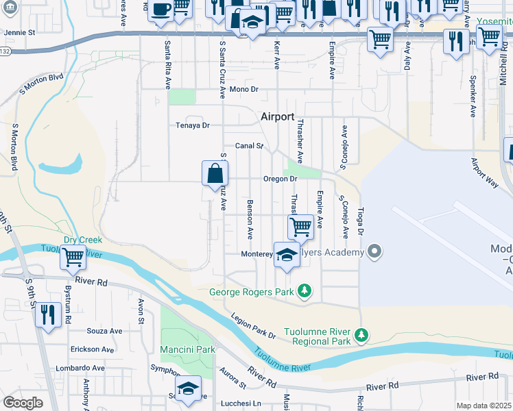 map of restaurants, bars, coffee shops, grocery stores, and more near 632 Benson Avenue in Modesto
