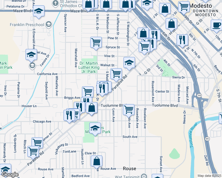 map of restaurants, bars, coffee shops, grocery stores, and more near 217 Leon Avenue in Modesto