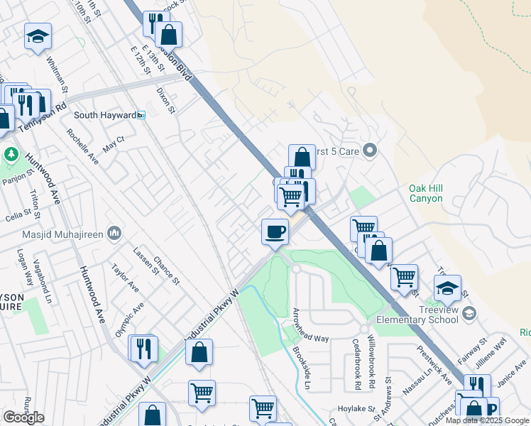 map of restaurants, bars, coffee shops, grocery stores, and more near 338 Industrial Parkway in Hayward