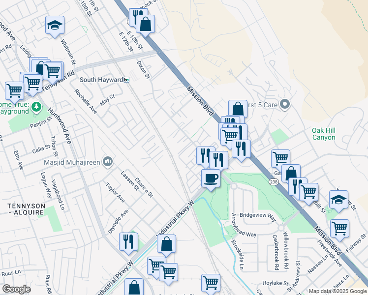 map of restaurants, bars, coffee shops, grocery stores, and more near 226 Dash Court in Hayward