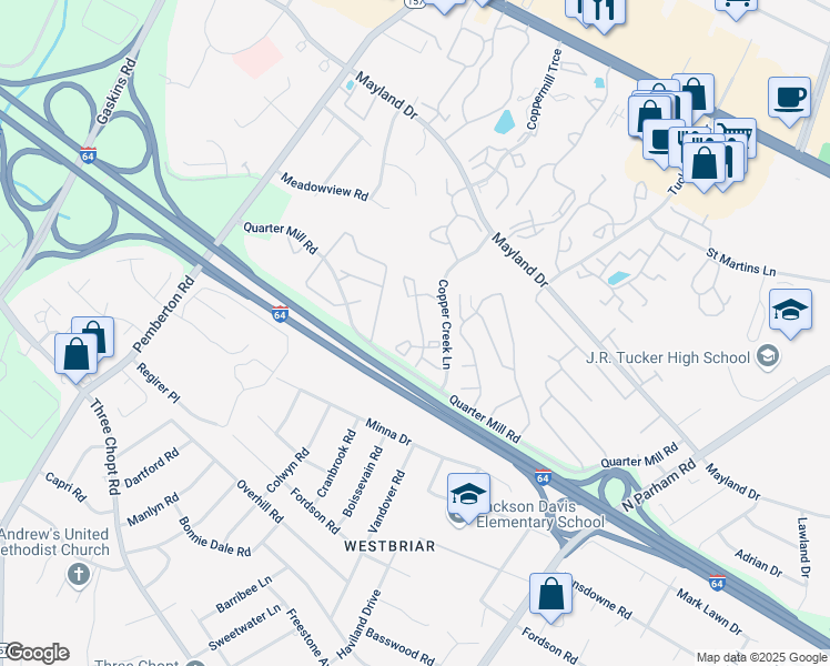 map of restaurants, bars, coffee shops, grocery stores, and more near 3020 Quarter Creek Lane in Henrico