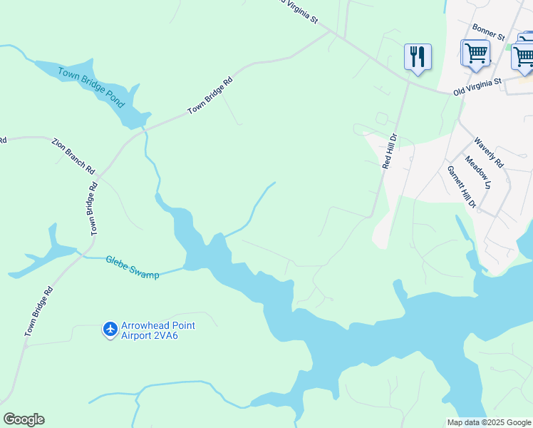map of restaurants, bars, coffee shops, grocery stores, and more near 938 Red Hill Drive in Urbanna