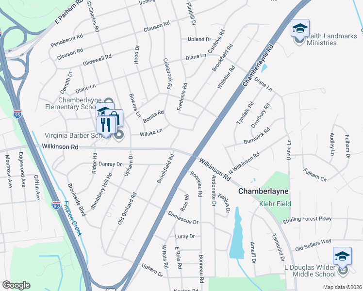 map of restaurants, bars, coffee shops, grocery stores, and more near 6027 Brookfield Road in Richmond