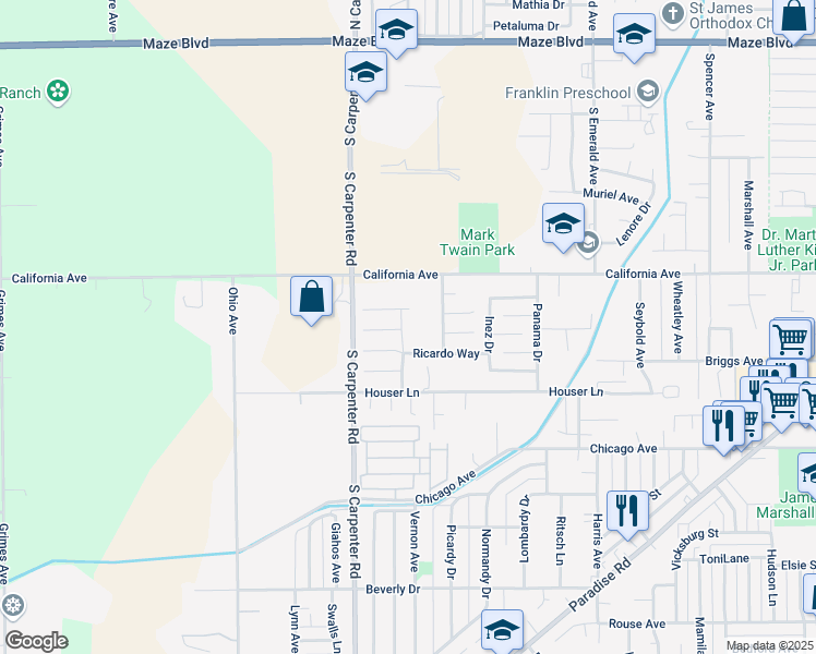 map of restaurants, bars, coffee shops, grocery stores, and more near 1405 Tupper Lane in Modesto