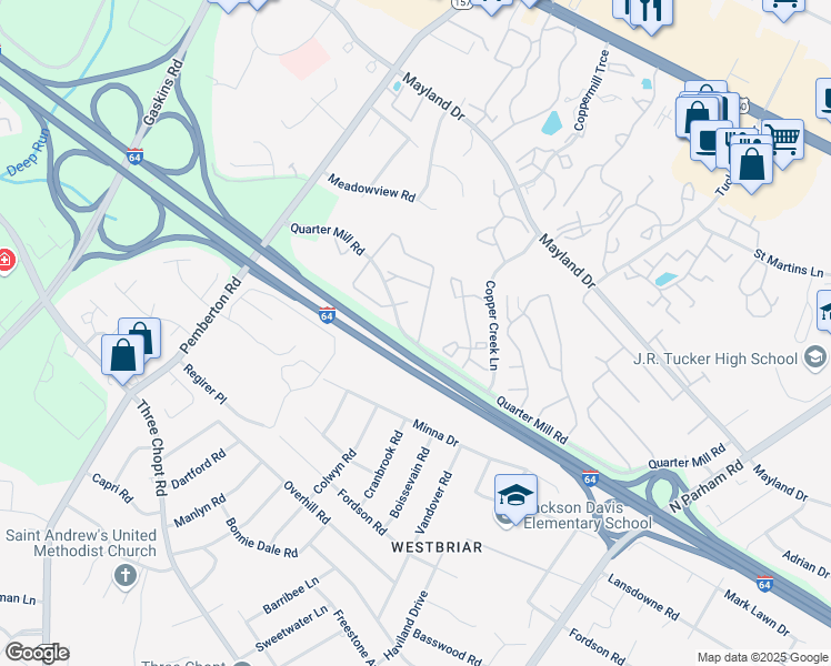 map of restaurants, bars, coffee shops, grocery stores, and more near 2800 Queensland Drive in Richmond