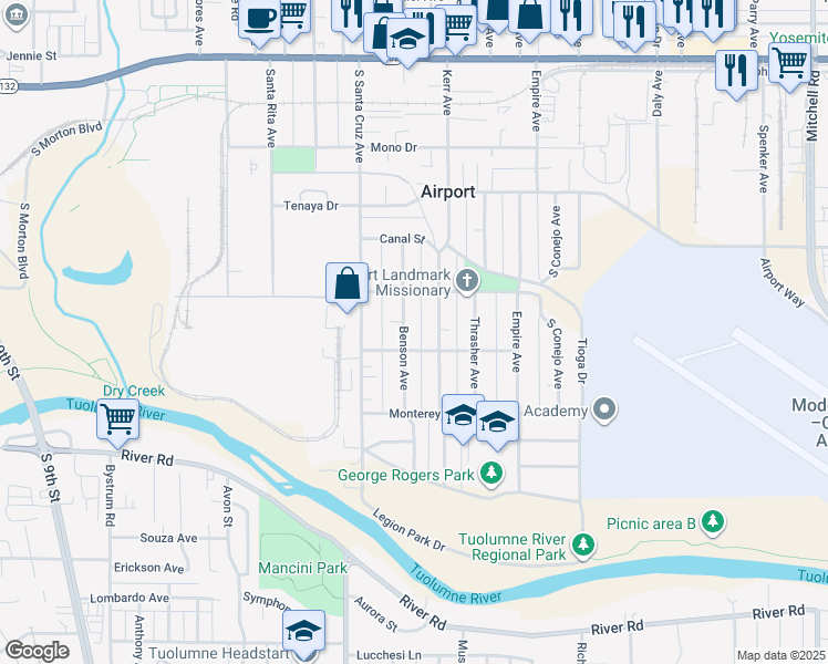 map of restaurants, bars, coffee shops, grocery stores, and more near 632 Benson Avenue in Modesto