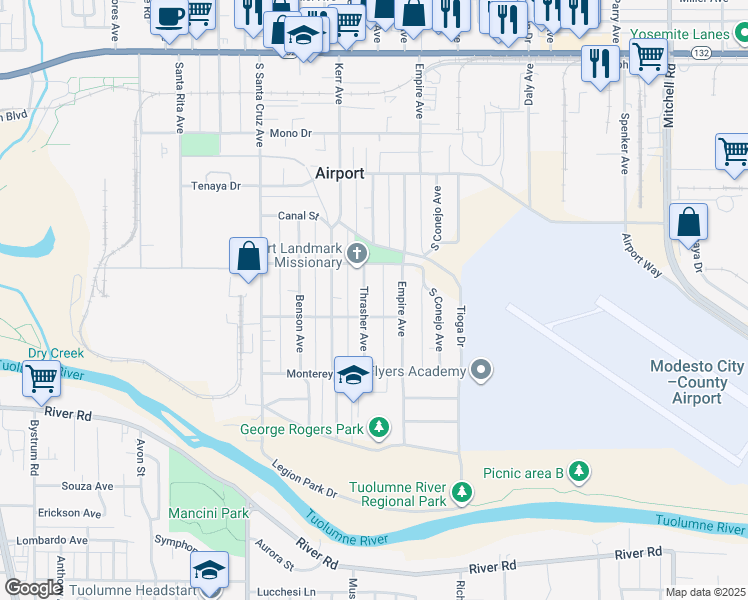 map of restaurants, bars, coffee shops, grocery stores, and more near 607 Thrasher Avenue in Modesto