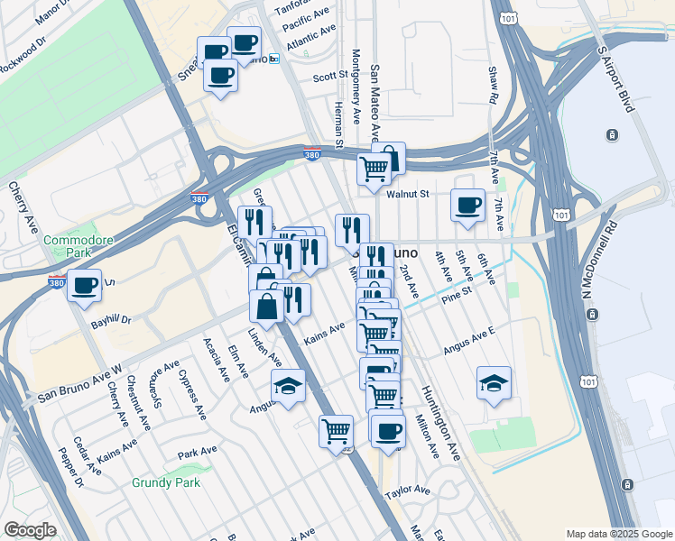 map of restaurants, bars, coffee shops, grocery stores, and more near in San Bruno