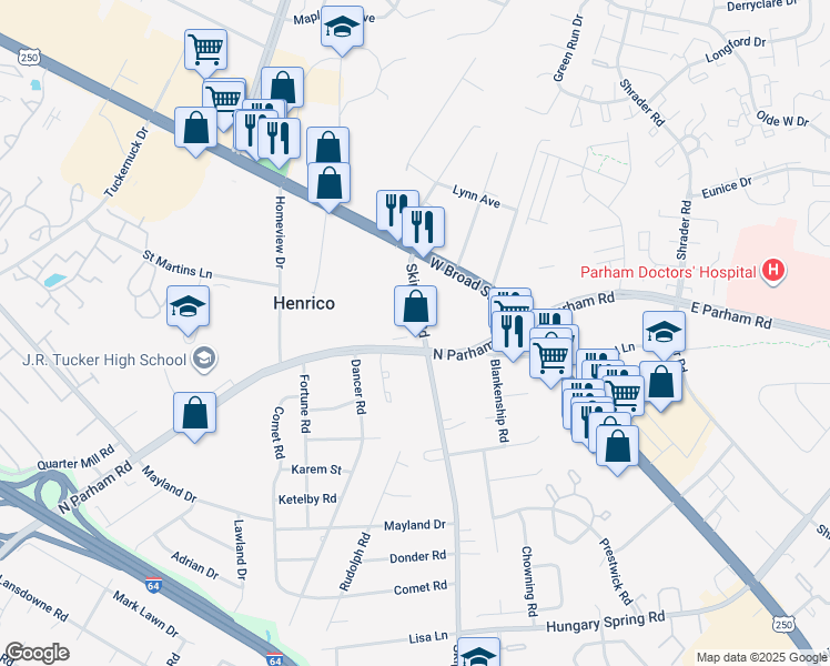 map of restaurants, bars, coffee shops, grocery stores, and more near 3211 Skipwith Road in Richmond