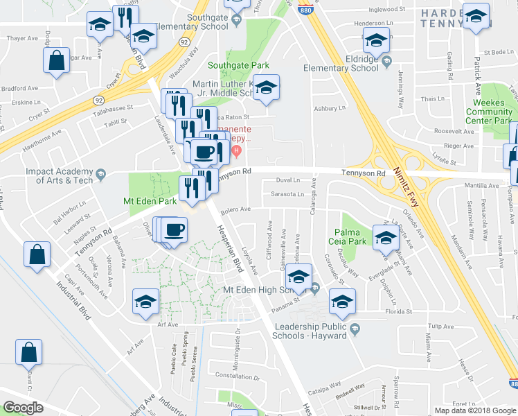 map of restaurants, bars, coffee shops, grocery stores, and more near 2155 Bolero Avenue in Hayward