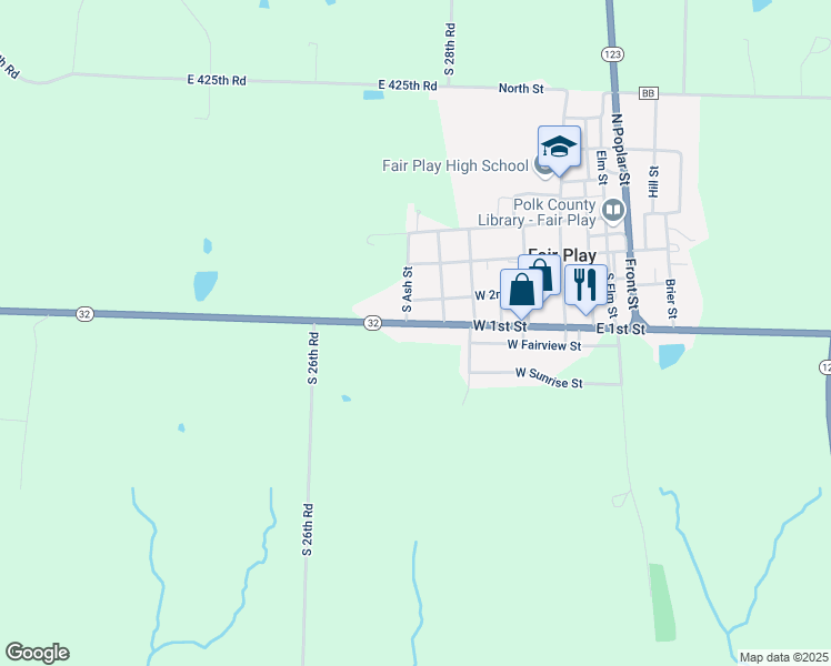 map of restaurants, bars, coffee shops, grocery stores, and more near Ash Street in Fair Play
