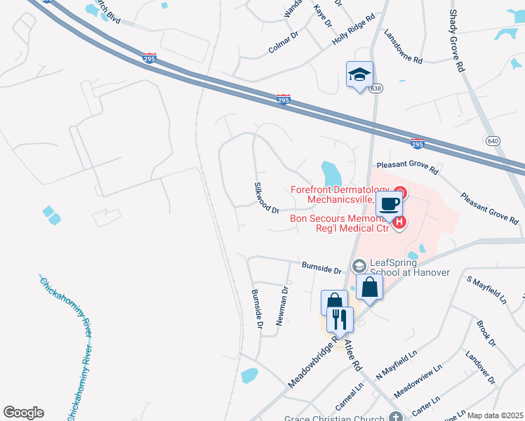 map of restaurants, bars, coffee shops, grocery stores, and more near 8237 Silkwood Drive in Mechanicsville
