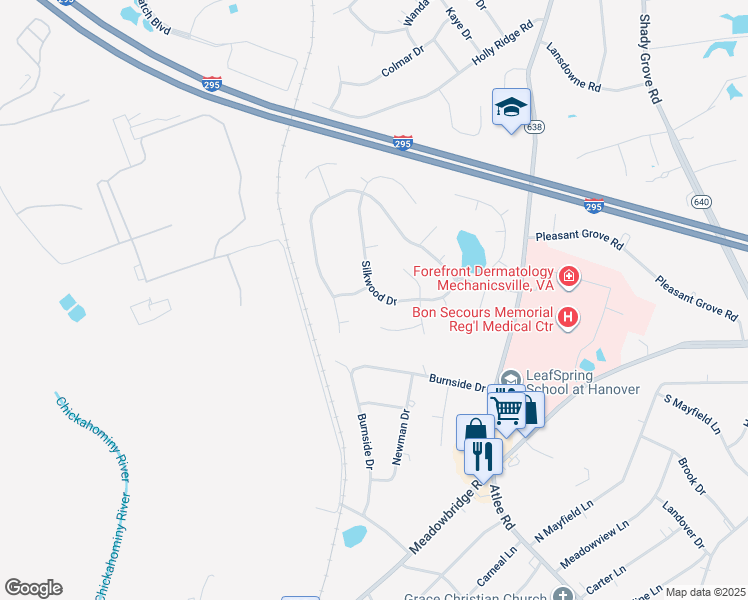 map of restaurants, bars, coffee shops, grocery stores, and more near 8237 Silkwood Drive in Mechanicsville