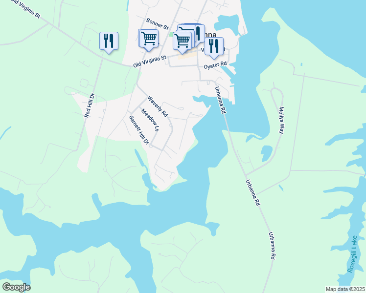 map of restaurants, bars, coffee shops, grocery stores, and more near 219 Nimcock Road in Urbanna