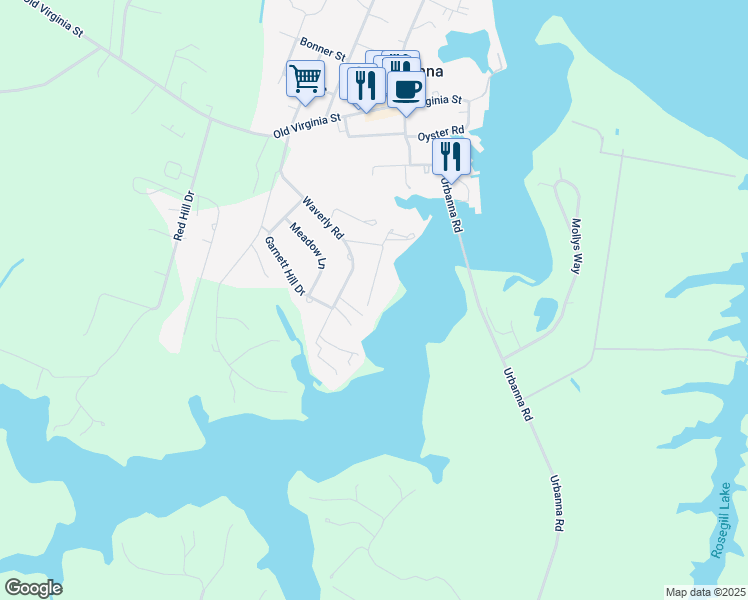 map of restaurants, bars, coffee shops, grocery stores, and more near 219 Nimcock Road in Urbanna