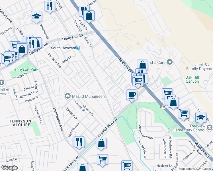 map of restaurants, bars, coffee shops, grocery stores, and more near 29289 Dixon Street in Hayward