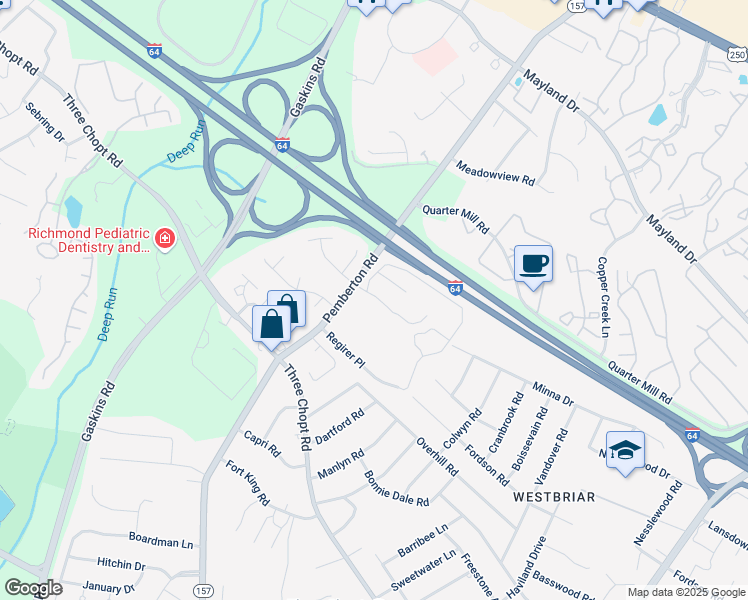 map of restaurants, bars, coffee shops, grocery stores, and more near 9800 Marlborough Terrace in Henrico