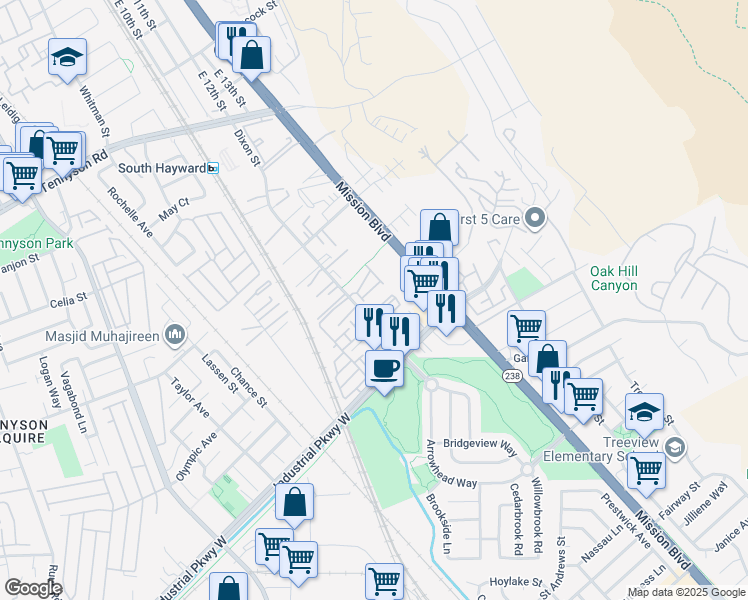 map of restaurants, bars, coffee shops, grocery stores, and more near 29536 Dixon Street in Hayward