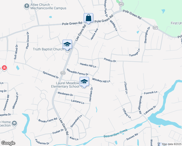 map of restaurants, bars, coffee shops, grocery stores, and more near 8216 Prism Court in Mechanicsville