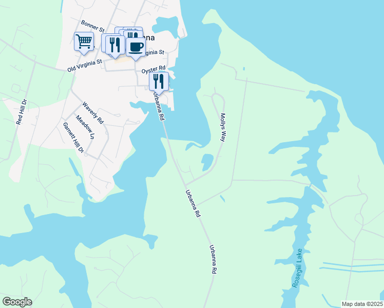 map of restaurants, bars, coffee shops, grocery stores, and more near 105 Mariners Way in Urbanna