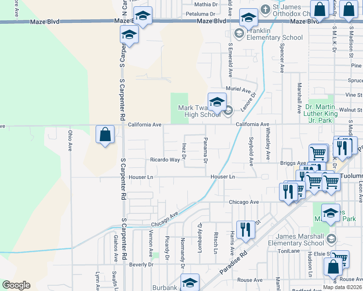 map of restaurants, bars, coffee shops, grocery stores, and more near 905 Inez Drive in Modesto